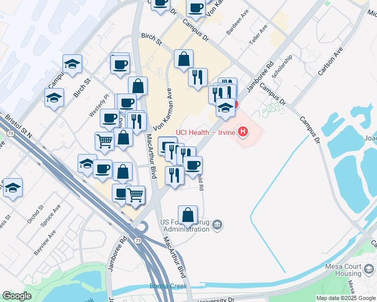 map of restaurants, bars, coffee shops, grocery stores, and more near 4201 Jamboree Road in Newport Beach