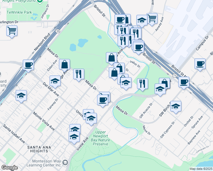map of restaurants, bars, coffee shops, grocery stores, and more near 20312 Estuary Lane in Newport Beach