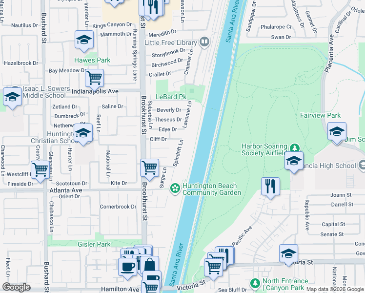 map of restaurants, bars, coffee shops, grocery stores, and more near 10182 Cliff Drive in Huntington Beach