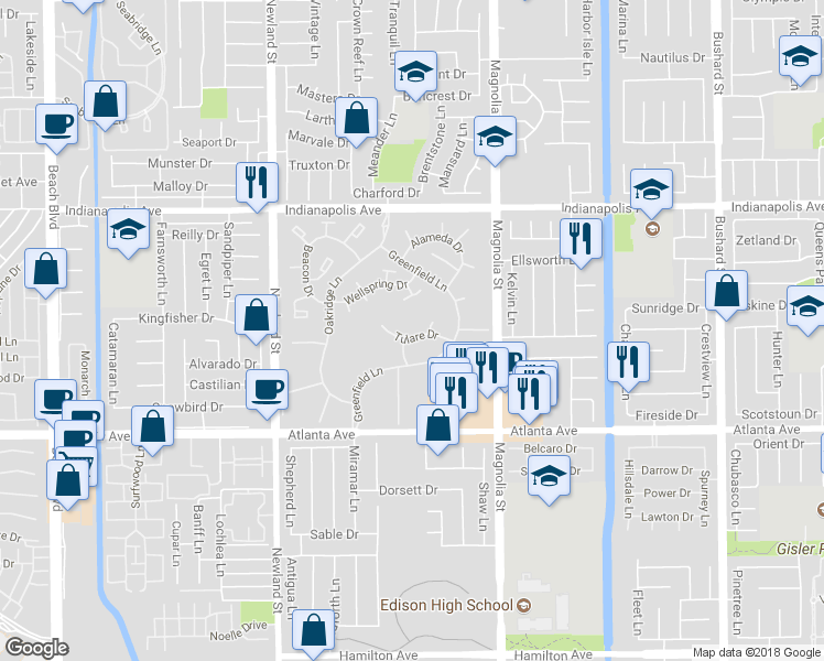 map of restaurants, bars, coffee shops, grocery stores, and more near 8877 Tulare Drive in Huntington Beach