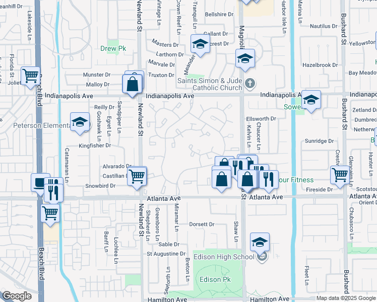 map of restaurants, bars, coffee shops, grocery stores, and more near 8877 Tulare Drive in Huntington Beach