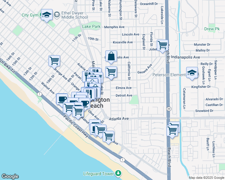 map of restaurants, bars, coffee shops, grocery stores, and more near 213 Elmira Avenue in Huntington Beach