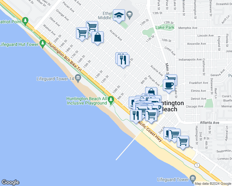 map of restaurants, bars, coffee shops, grocery stores, and more near 117 10th Street in Huntington Beach