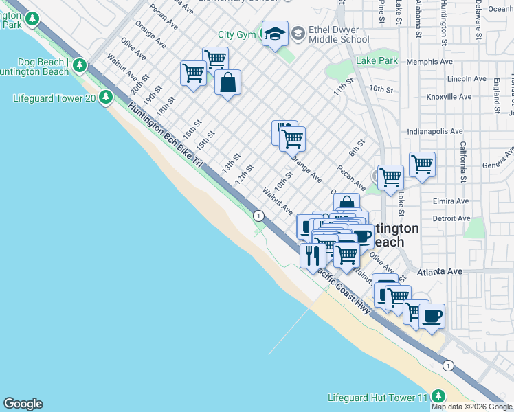 map of restaurants, bars, coffee shops, grocery stores, and more near 117 10th Street in Huntington Beach