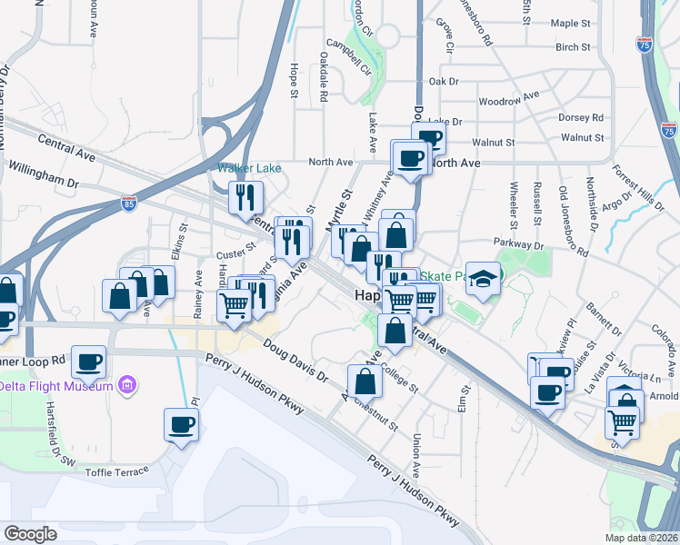 map of restaurants, bars, coffee shops, grocery stores, and more near 725 North Central Avenue in Hapeville