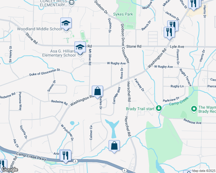 map of restaurants, bars, coffee shops, grocery stores, and more near 3475 Washington Road in East Point
