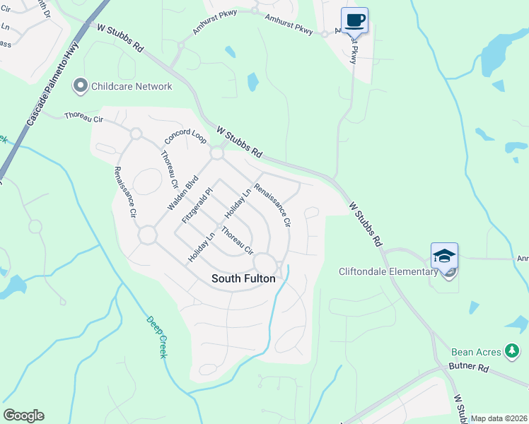 map of restaurants, bars, coffee shops, grocery stores, and more near 3430 Renaissance Circle in Atlanta