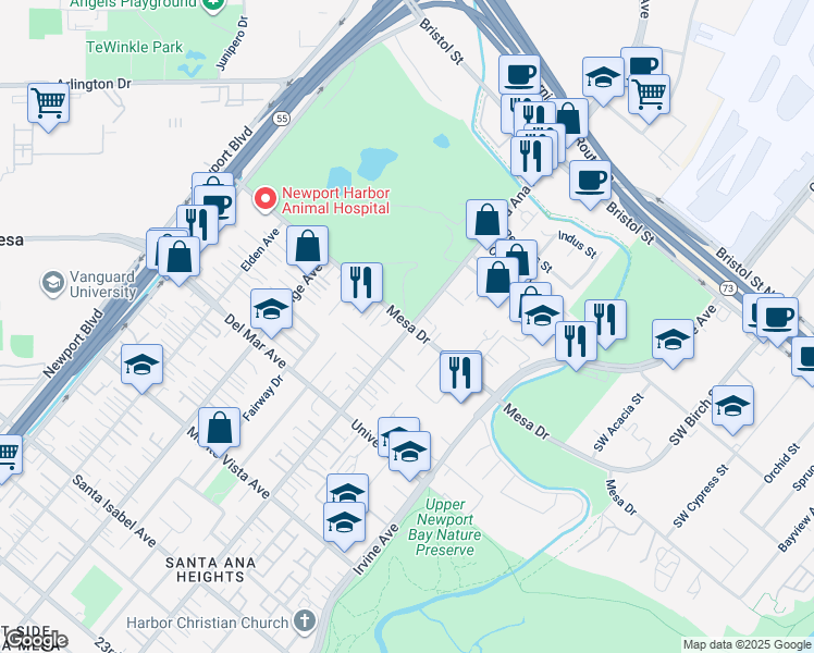 map of restaurants, bars, coffee shops, grocery stores, and more near 333 Mesa Drive in Costa Mesa