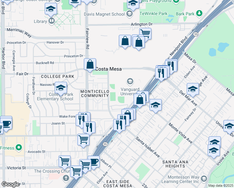map of restaurants, bars, coffee shops, grocery stores, and more near 2330 Vanguard Way in Costa Mesa