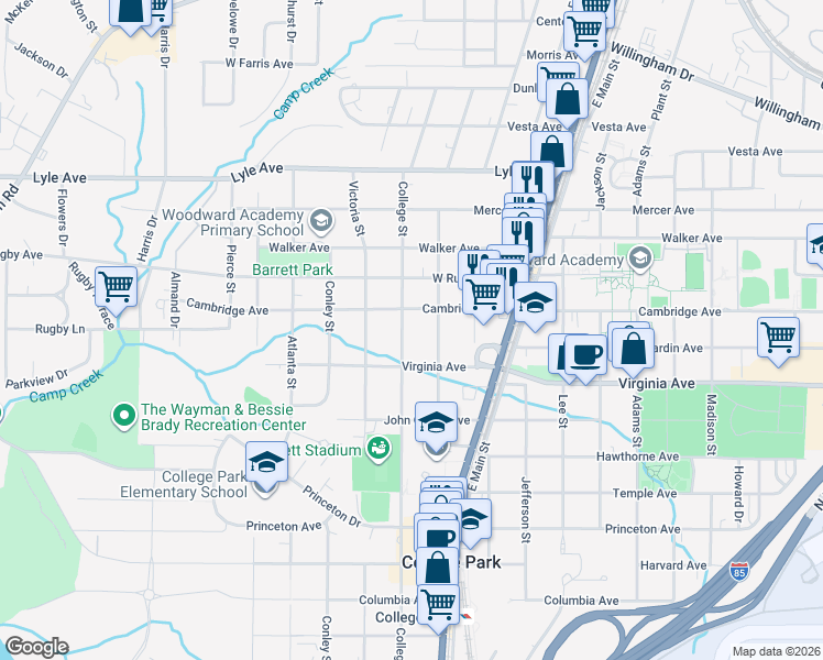map of restaurants, bars, coffee shops, grocery stores, and more near 3460 College Street in College Park