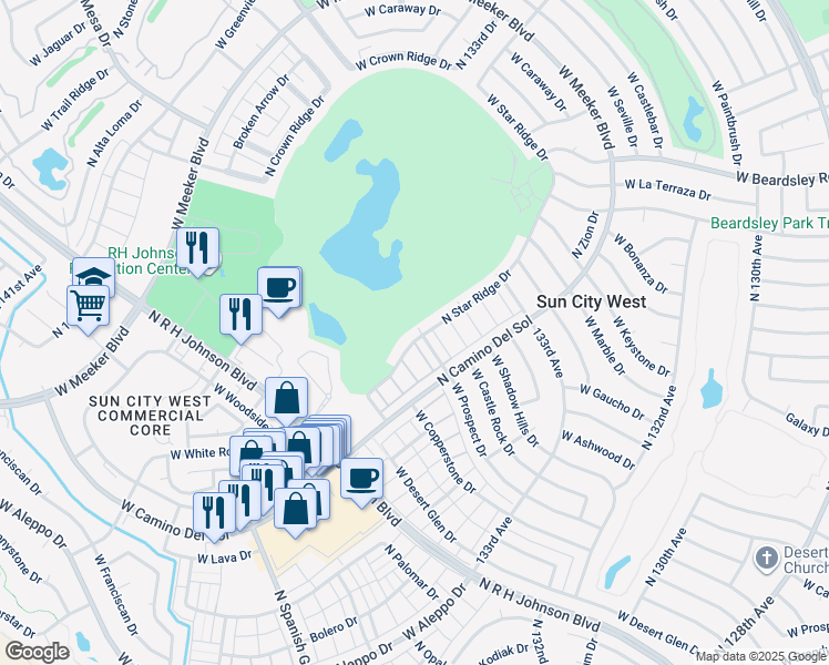 map of restaurants, bars, coffee shops, grocery stores, and more near 19268 North Star Ridge Drive in Sun City West