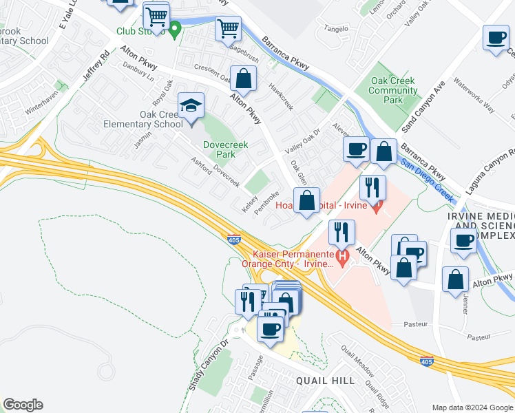 map of restaurants, bars, coffee shops, grocery stores, and more near 35 Pembroke in Irvine