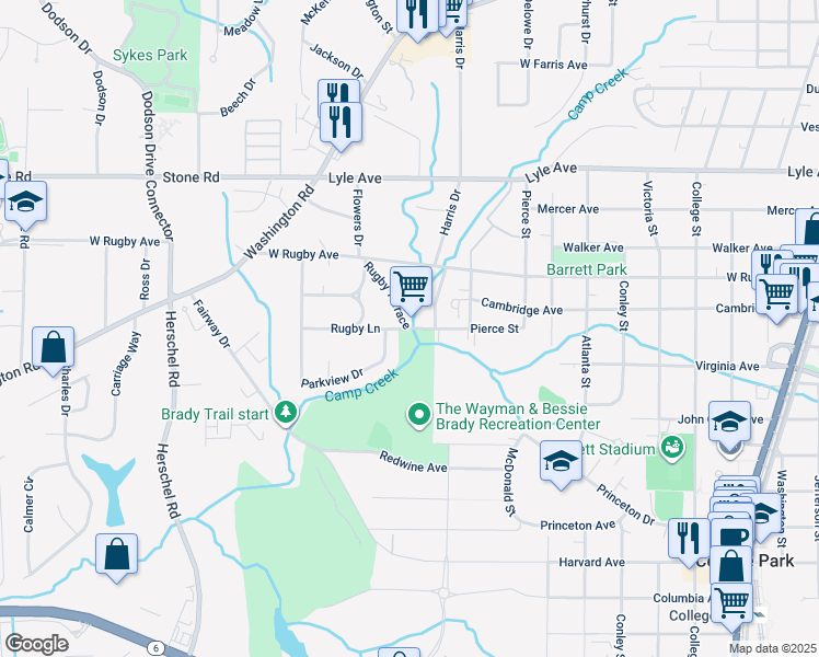 map of restaurants, bars, coffee shops, grocery stores, and more near 2165 Rugby Lane in College Park