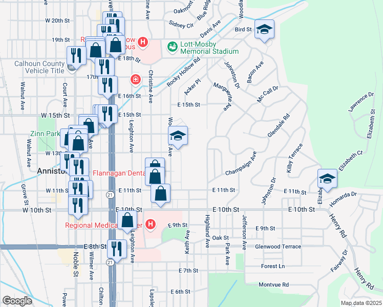 map of restaurants, bars, coffee shops, grocery stores, and more near 1299 Woodstock Avenue in Anniston