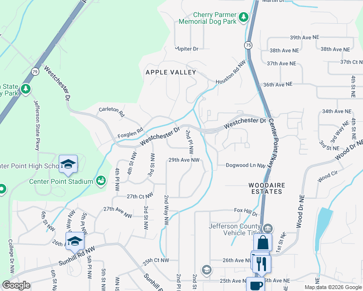 map of restaurants, bars, coffee shops, grocery stores, and more near 208 Glenvalley Lane Northwest in Birmingham