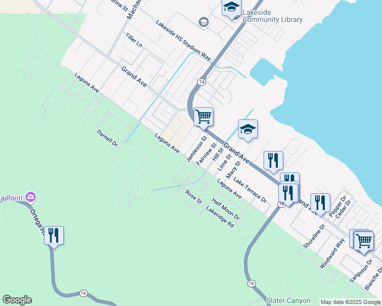map of restaurants, bars, coffee shops, grocery stores, and more near 33119 Jamieson Street in Lake Elsinore