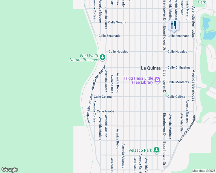 map of restaurants, bars, coffee shops, grocery stores, and more near 53255 Avenida Diaz in La Quinta