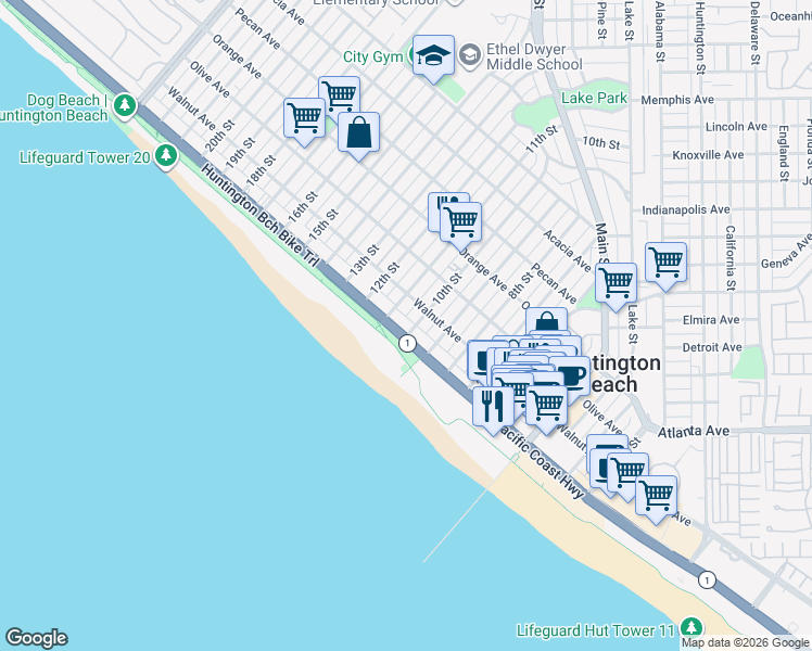map of restaurants, bars, coffee shops, grocery stores, and more near 1000 Pacific Coast Highway in Huntington Beach