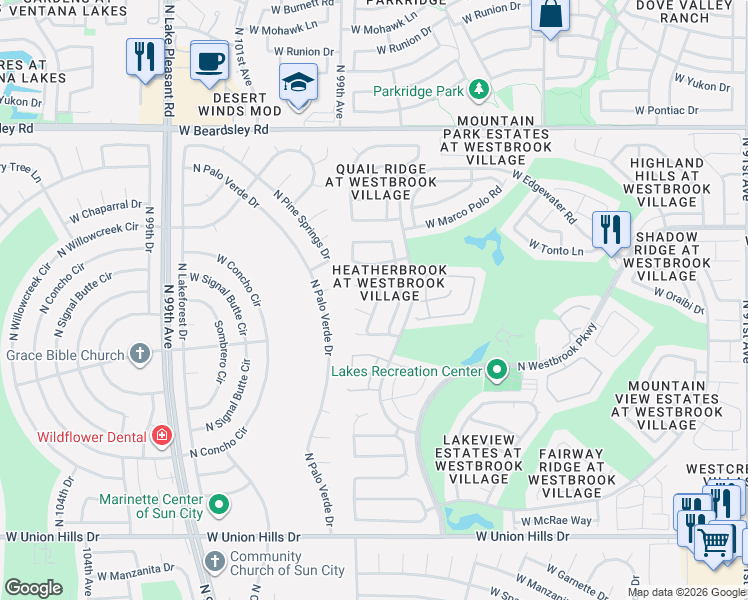 map of restaurants, bars, coffee shops, grocery stores, and more near 19603 North 98th Drive in Peoria