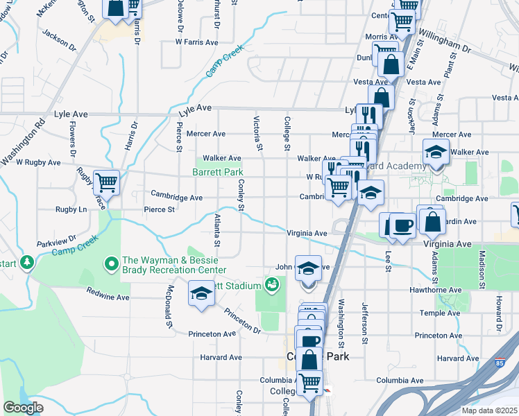 map of restaurants, bars, coffee shops, grocery stores, and more near 3463 Victoria Street in College Park
