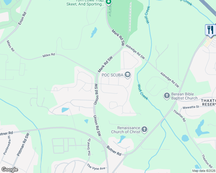 map of restaurants, bars, coffee shops, grocery stores, and more near 5554 Grammercy Drive Southwest in Atlanta
