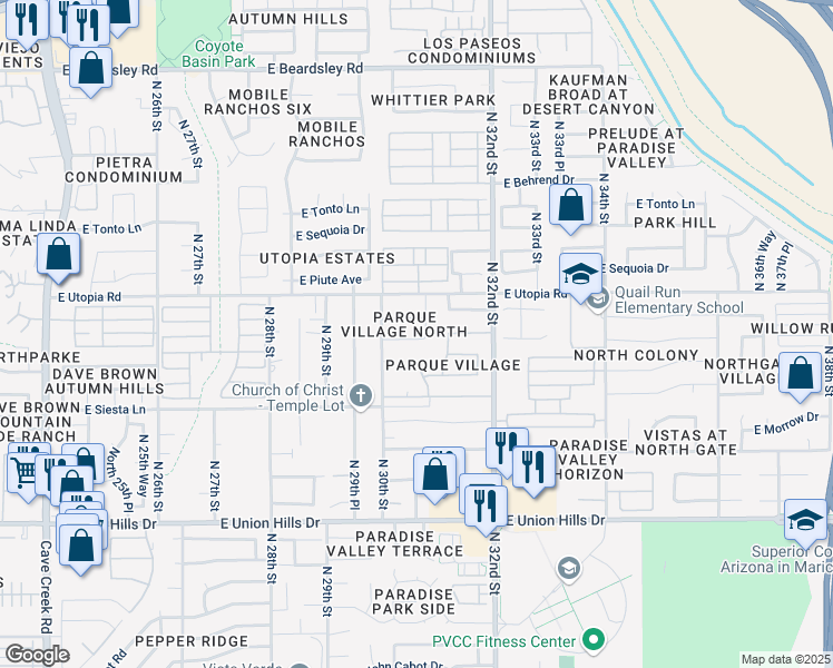 map of restaurants, bars, coffee shops, grocery stores, and more near 3021 East Kerry Lane in Phoenix