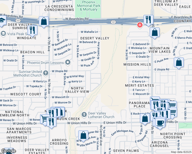 map of restaurants, bars, coffee shops, grocery stores, and more near 109 West Kristal Way in Phoenix