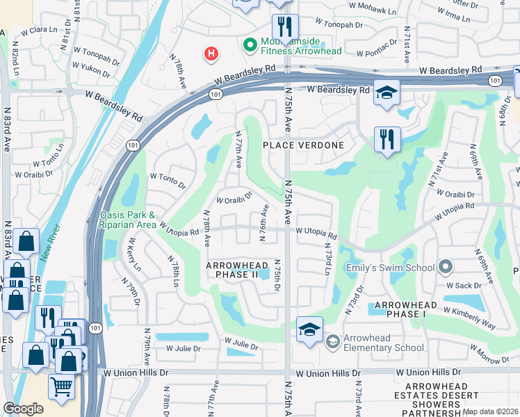 map of restaurants, bars, coffee shops, grocery stores, and more near 7603 West Oraibi Drive in Glendale