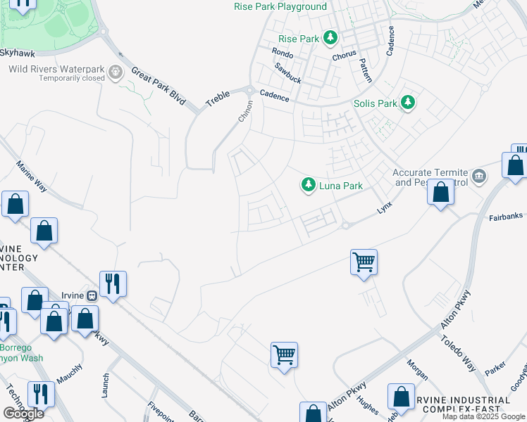 map of restaurants, bars, coffee shops, grocery stores, and more near Z St in Irvine