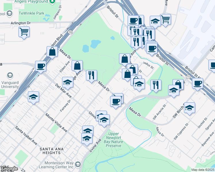 map of restaurants, bars, coffee shops, grocery stores, and more near 20432 Santa Ana Avenue in Newport Beach