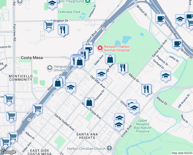 map of restaurants, bars, coffee shops, grocery stores, and more near 176 Del Mar Avenue in Costa Mesa