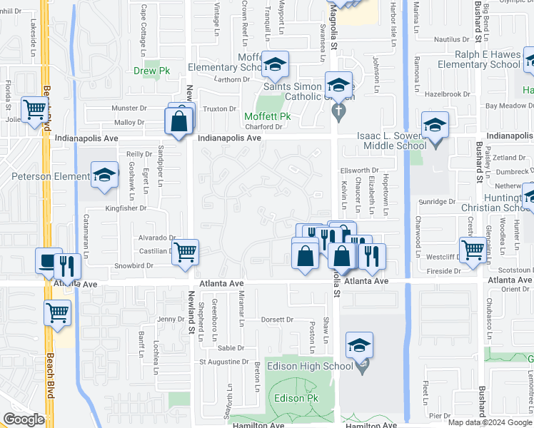map of restaurants, bars, coffee shops, grocery stores, and more near 8877 Tulare Drive in Huntington Beach