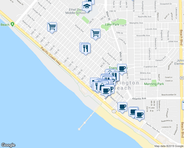 map of restaurants, bars, coffee shops, grocery stores, and more near 810 Olive Avenue in Huntington Beach