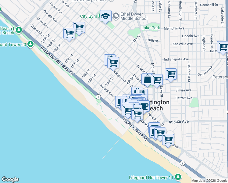 map of restaurants, bars, coffee shops, grocery stores, and more near 211 9th Street in Huntington Beach
