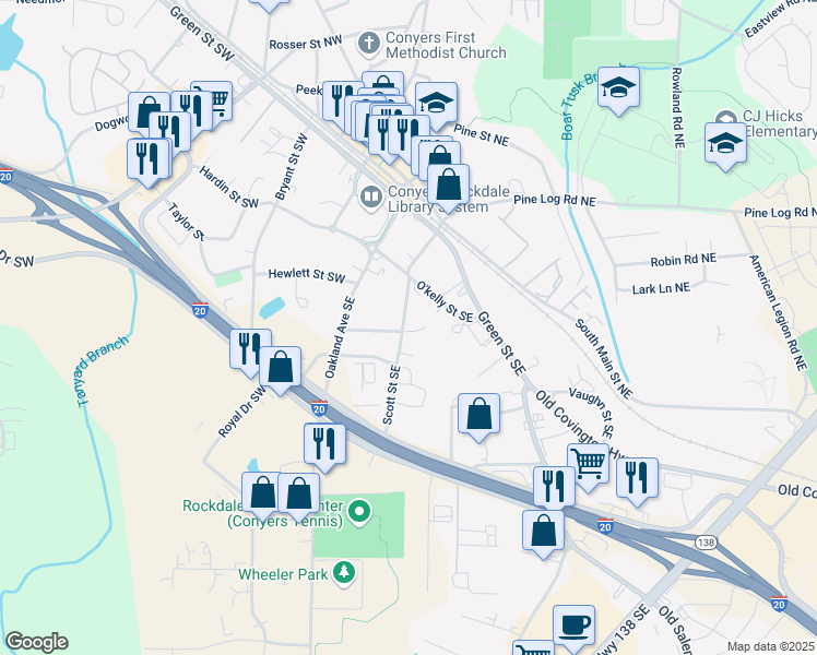 map of restaurants, bars, coffee shops, grocery stores, and more near 910 Oak Lane Southeast in Conyers
