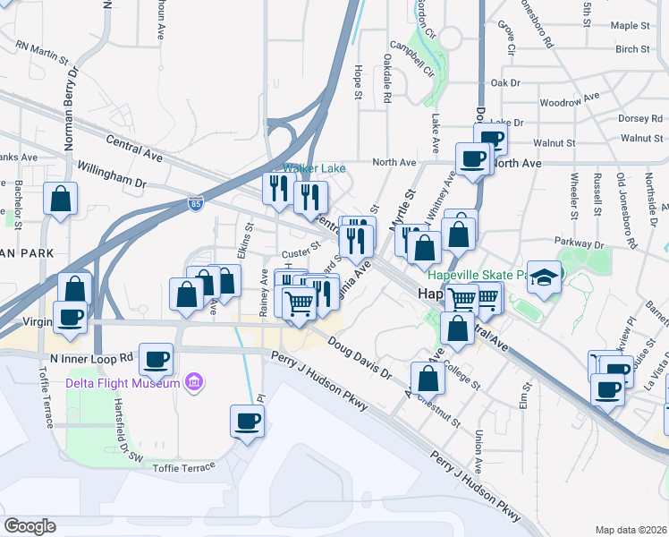 map of restaurants, bars, coffee shops, grocery stores, and more near 3401 Orchard Street in Atlanta