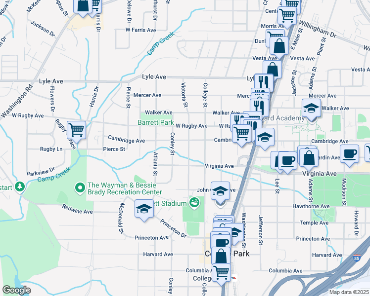 map of restaurants, bars, coffee shops, grocery stores, and more near 3463 Victoria Street in College Park