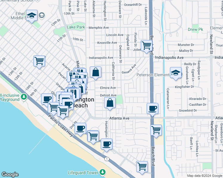 map of restaurants, bars, coffee shops, grocery stores, and more near 318 Elmira Avenue in Huntington Beach