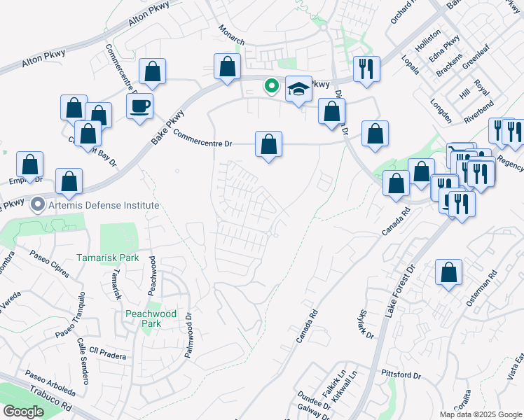 map of restaurants, bars, coffee shops, grocery stores, and more near 380 Bellver in Lake Forest