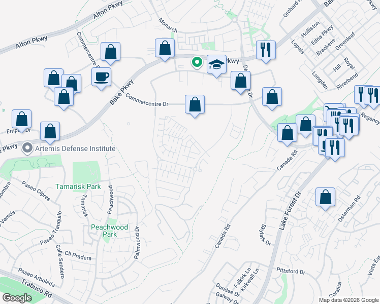 map of restaurants, bars, coffee shops, grocery stores, and more near 323 Adela in Lake Forest