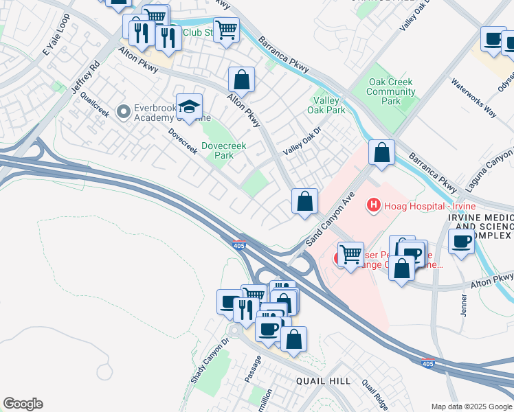 map of restaurants, bars, coffee shops, grocery stores, and more near 37 Pembroke in Irvine