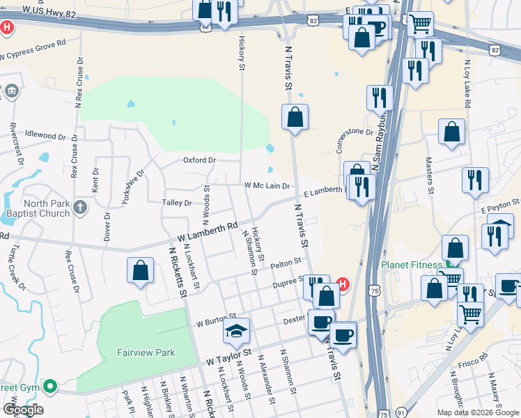 map of restaurants, bars, coffee shops, grocery stores, and more near 2601 North Hickory Street in Sherman