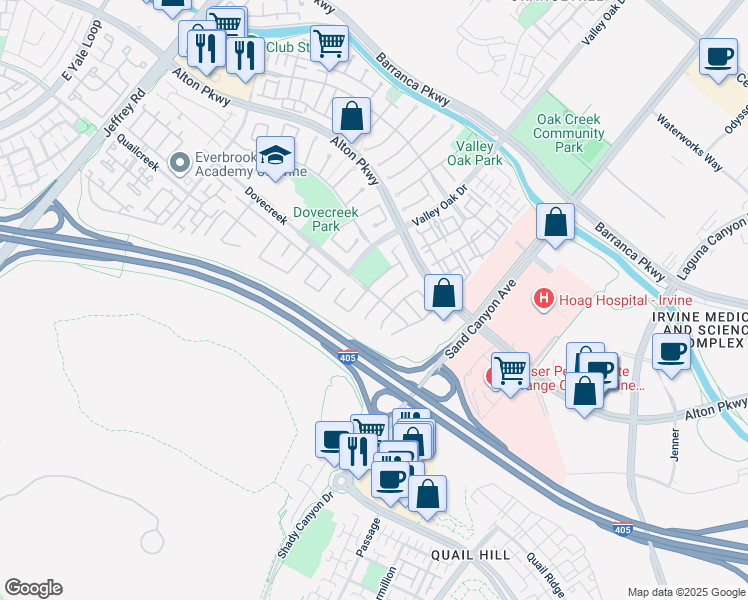 map of restaurants, bars, coffee shops, grocery stores, and more near 37 Pembroke in Irvine