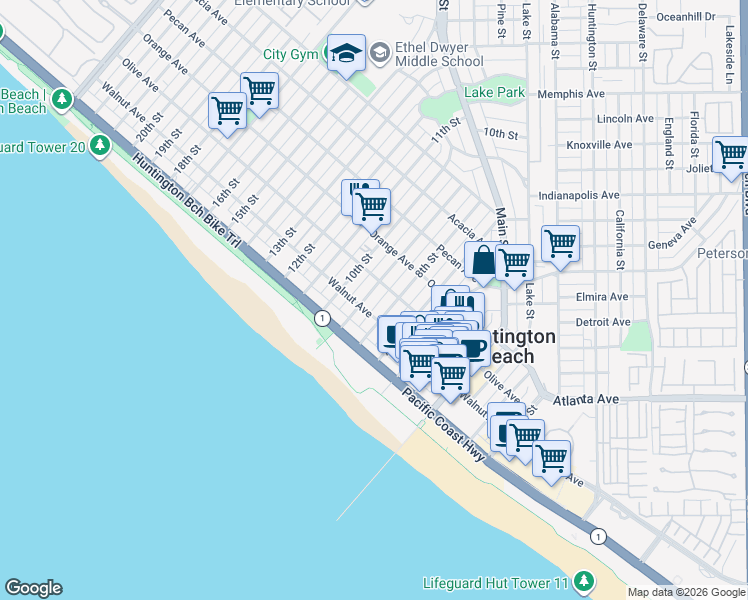 map of restaurants, bars, coffee shops, grocery stores, and more near 211 9th Street in Huntington Beach