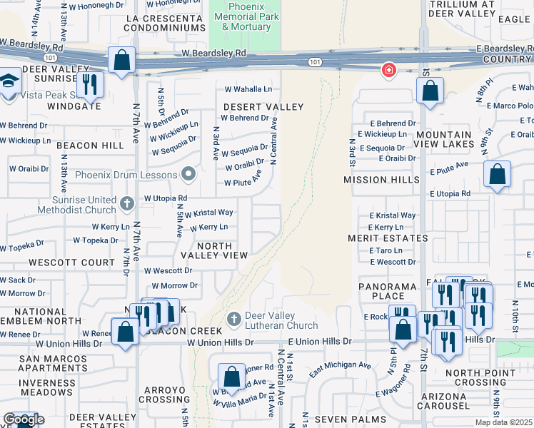 map of restaurants, bars, coffee shops, grocery stores, and more near 109 West Kristal Way in Phoenix