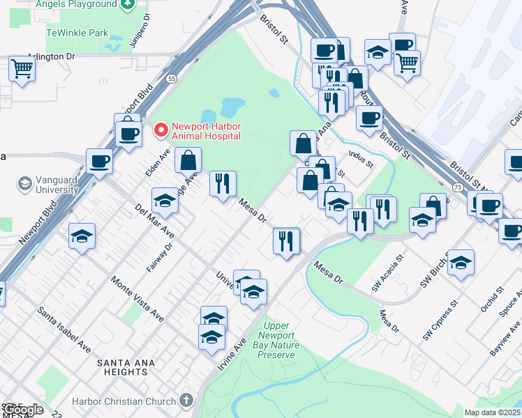 map of restaurants, bars, coffee shops, grocery stores, and more near 20462 Santa Ana Avenue in Newport Beach