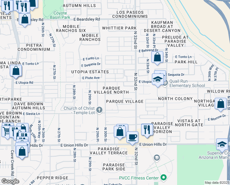 map of restaurants, bars, coffee shops, grocery stores, and more near 3021 East Kerry Lane in Phoenix