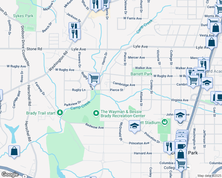 map of restaurants, bars, coffee shops, grocery stores, and more near 2161 Park Terrace in College Park