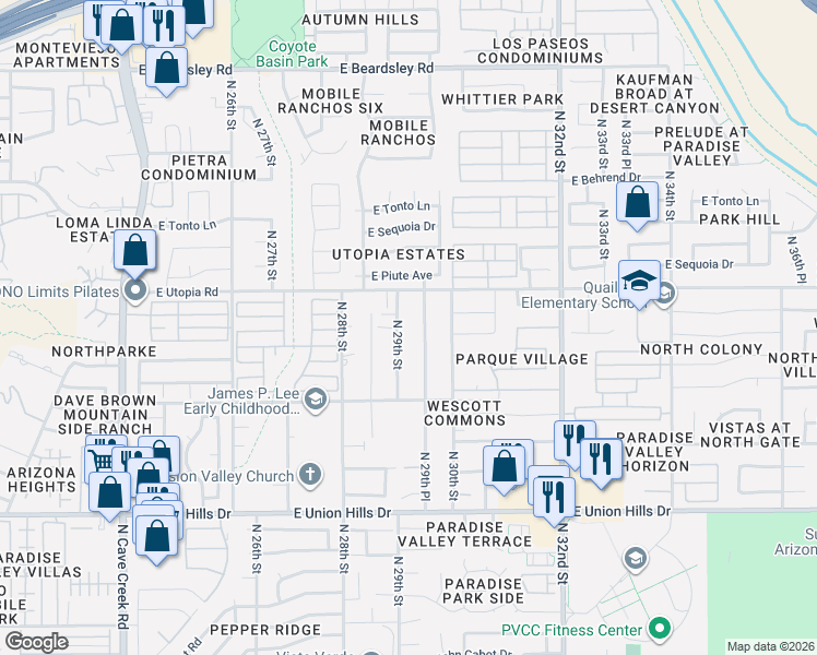 map of restaurants, bars, coffee shops, grocery stores, and more near 19214 North 29th Place in Phoenix