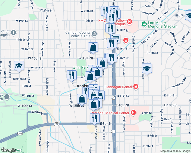 map of restaurants, bars, coffee shops, grocery stores, and more near 1302 Noble Street in Anniston